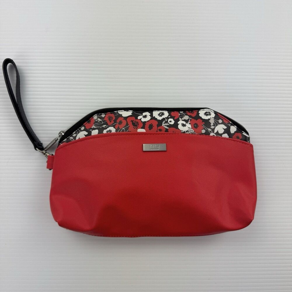 Jones New York Signature Red Floral Cosmetic Bag Makeup Pouch Wristlet